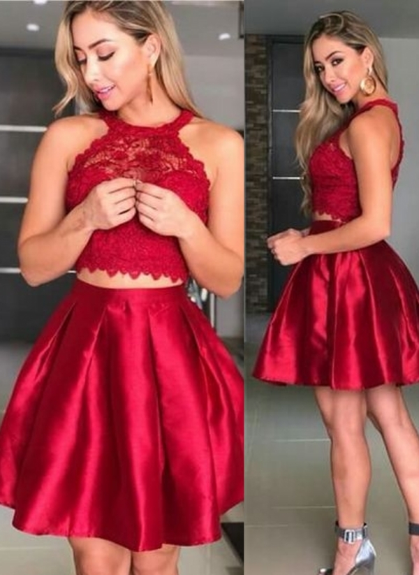 Chic Two Pieces Red Homecoming Dresses | Short Lace A-Line Cocktail Dresses