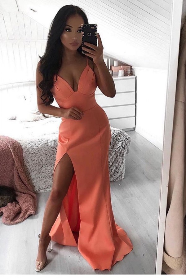 Stylish V-neck Strappy High Slit Floor Length Prom Dresses in Orange