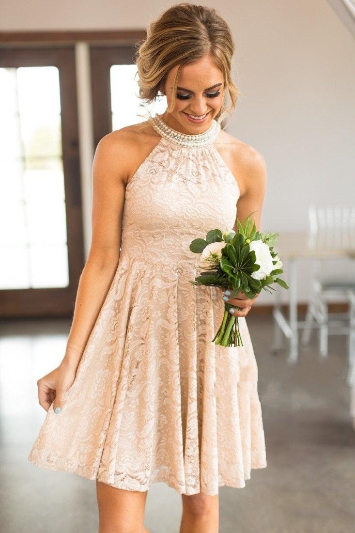 Nude Lace Short Bridesmaid Dresses | Pearls Halter Neck Maid of the Honor Dress
