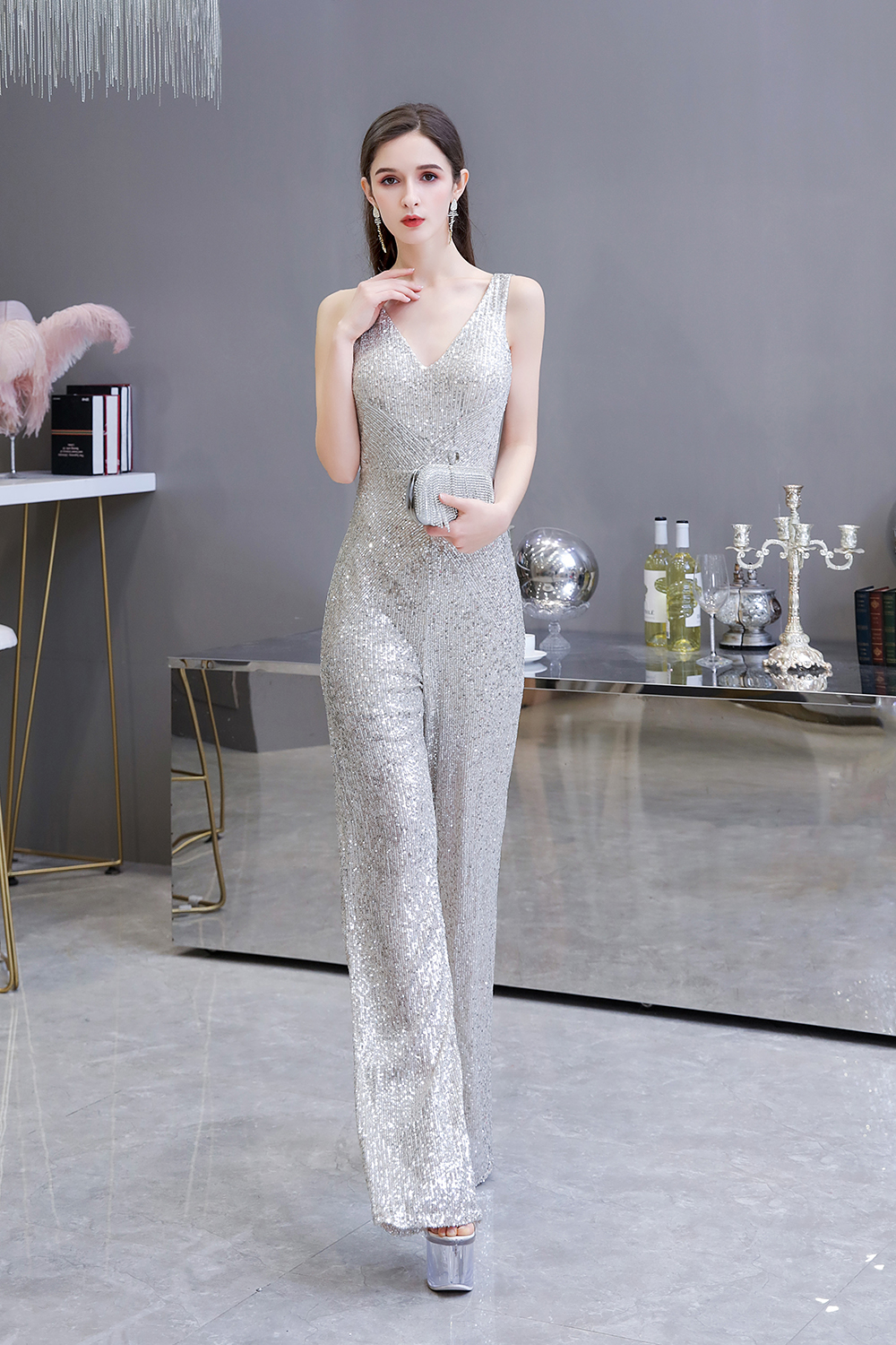 Women's Fashion V-neck Straps Sparkly Sequin Prom Jumpsuit