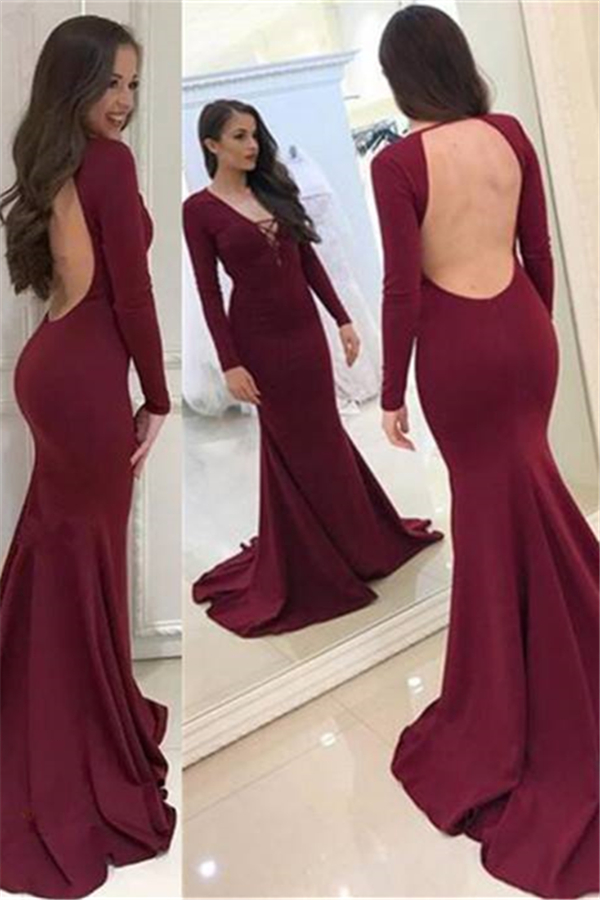 Halter V-neck Long Sleeves Sweep-train Backless Mermaid Evening Dresses