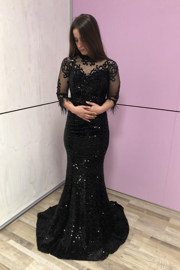 Shinny Black Half Sleeve Bateau Sequins Floor-length Mermaid Prom Gown