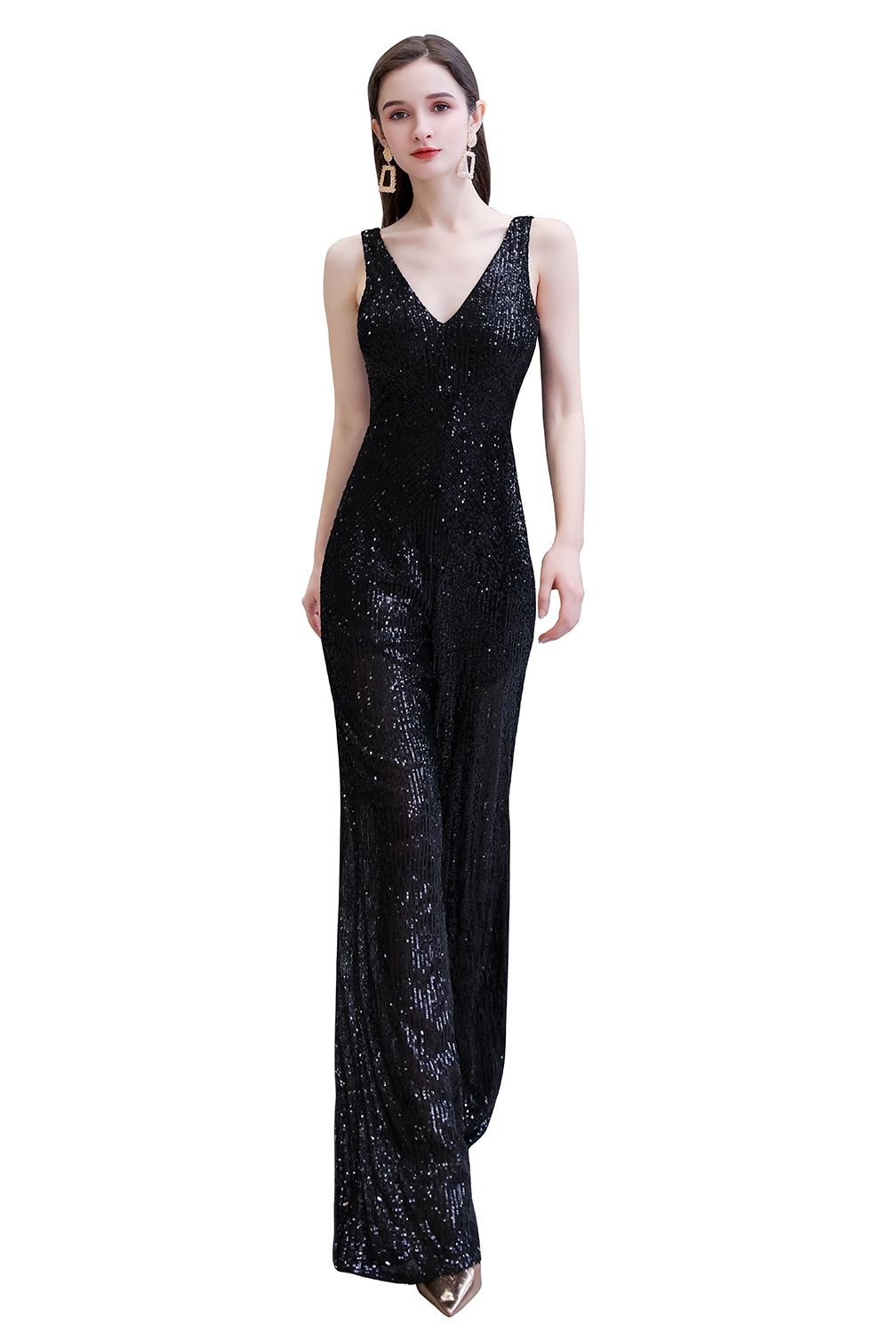 Women's Fashion V-neck Straps Sparkly Sequin Prom Jumpsuit