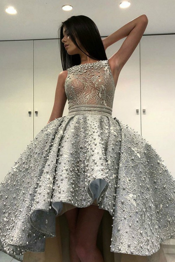 Gorgeous Bateau A-Line Satin High Low Prom Dress With Pearl Embellishment