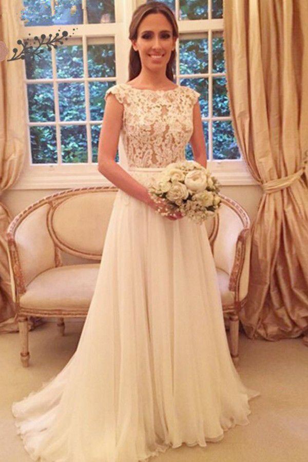 Elegant A-Line Zipper-Back Button Lace Tulle Wedding Dresses