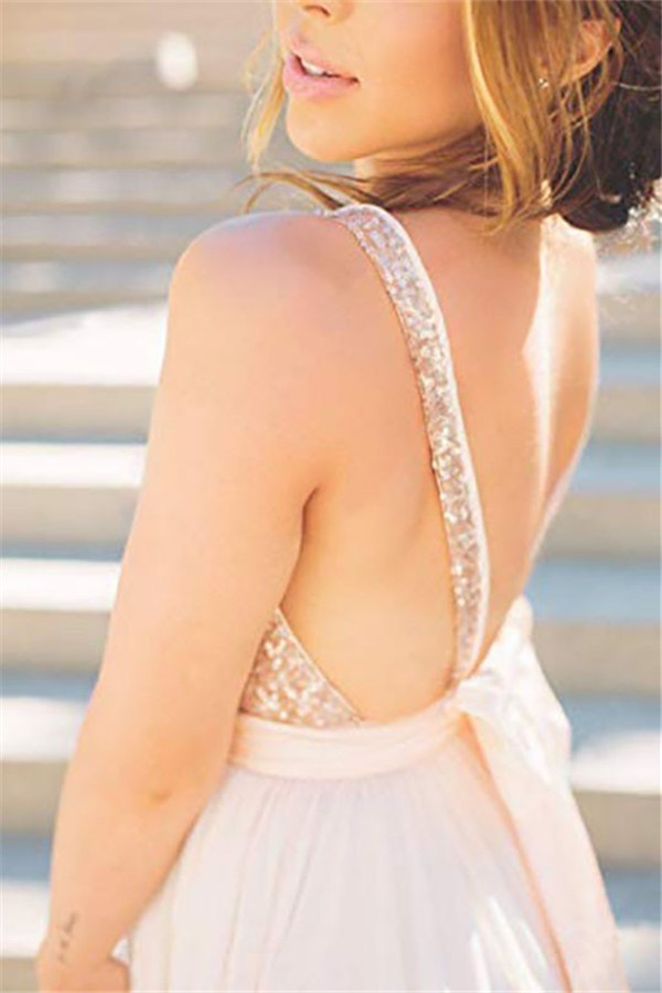 Chic V-Neck Sequins Ruffles Prom Dresses Sleeveless Open Back Sexy Evening Dresses