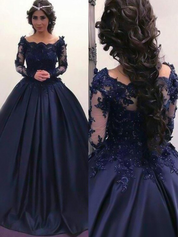 Lace Applique Bateau Long Sleeves Prom Dresses Ball Gown Sexy Evening Dresses with Beads