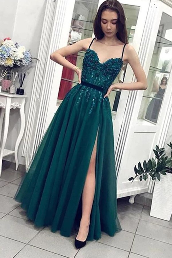 Elegant Tulle Spaghetti Straps A-Line Sweetheart Prom Dress With Pearl Split