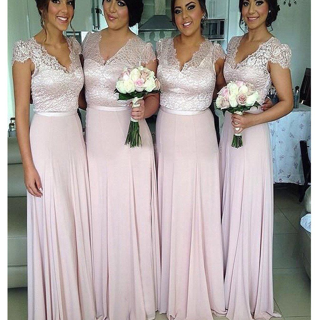 V-Neck Lace A-Line Bridesmaid Dresses Short Sleeve Floor Length Prom Gowns