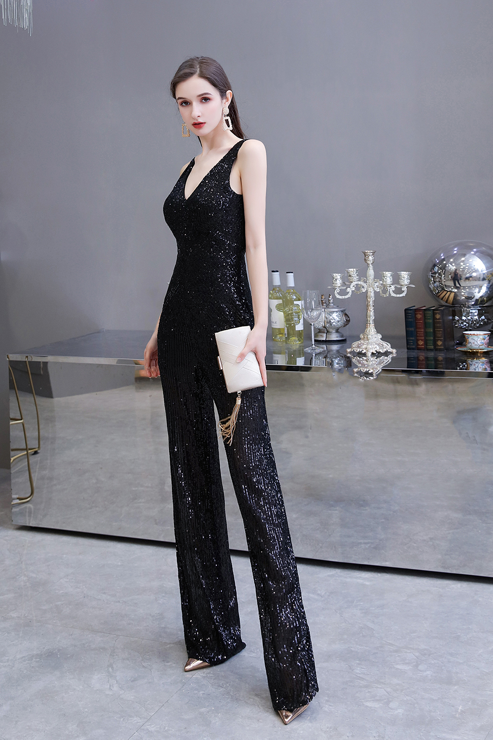 Women's Fashion V-neck Straps Sparkly Sequin Prom Jumpsuit