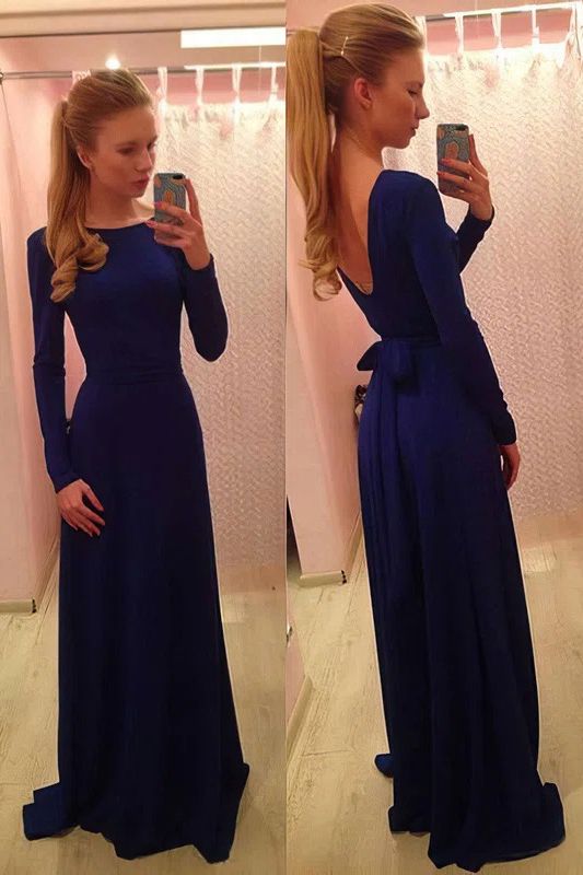 A-Line Bateau Backless Floor-length Ruffles Prom Dress With Long Sleeves