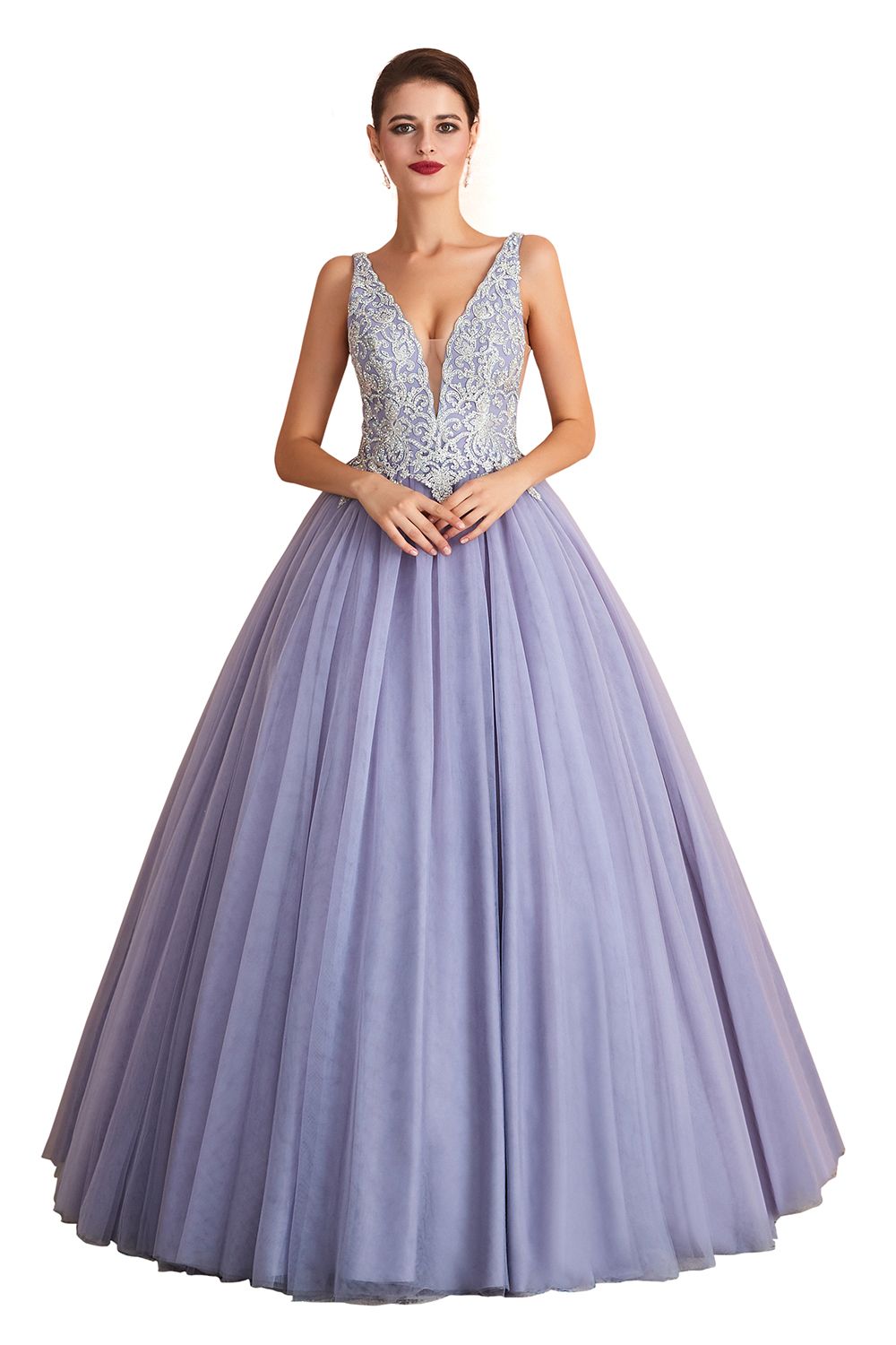 Elegant Lilac Sleeveless V-neck Appliques A-line Tulle Prom Dresses