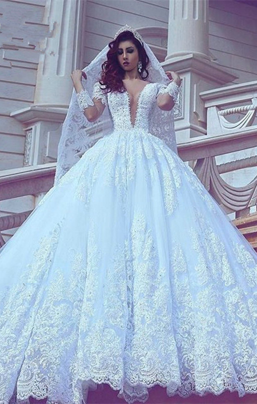 Court-Train Lace Ball-Gown V-neck Long-Sleeve Modest Wedding Dress