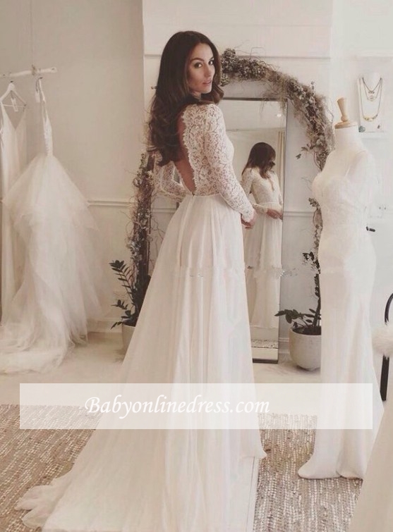 Sexy Chiffon Long-Sleeves Lace V-neck Wedding Dresses