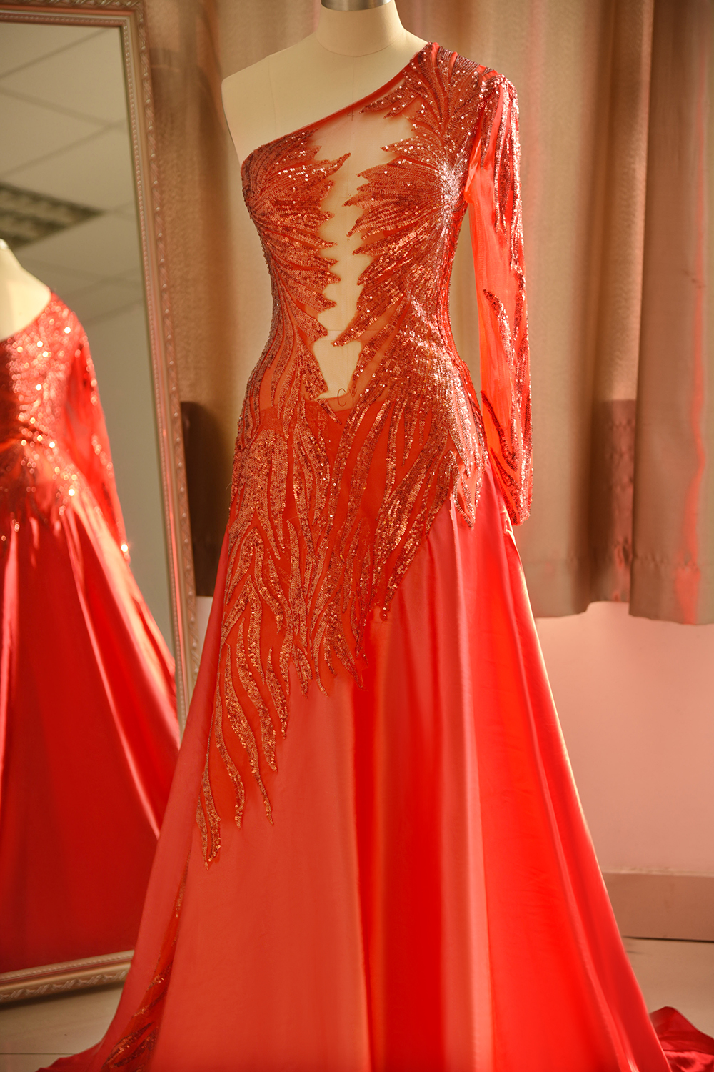 One Shoulder Sheer A-line Red Sexy Prom Dresses | Formal Evening Dresses