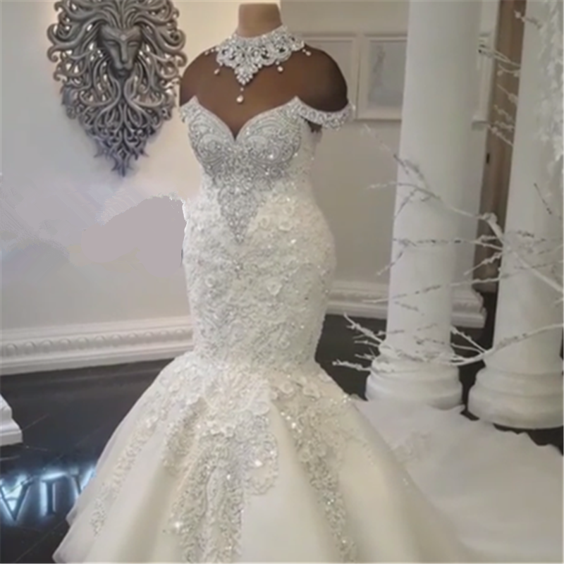 Luxury Crystals Fit and Flare Wedding Dresses | Off-the-Shoulder Appliques Bridal Gowns