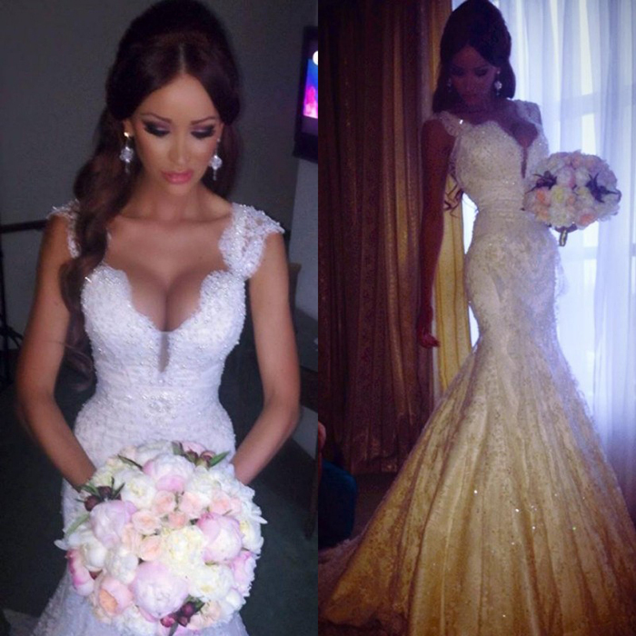 Vintage Mermaid Wedding Dresses Cap Sleeves Lace Appliques Crystal Beads Backless Bridal Gowns