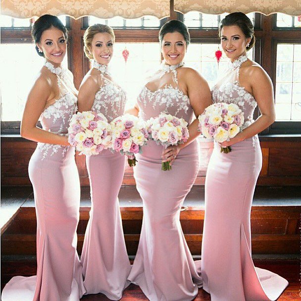 High Neck Mermaid Satin Bridesmaid Dresses with Handmade Flowers Maid of Honor Dresses