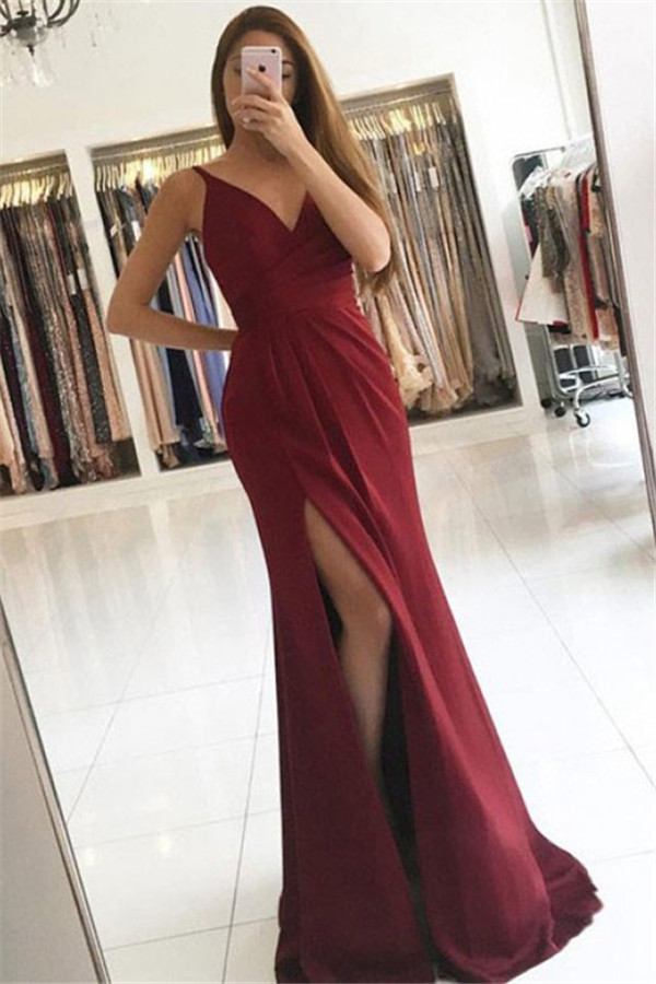 Chic V-Neck Ruffles Mermaid Prom Dresses Side Slit Sleeveless Cheap Sexy Evening Dresses