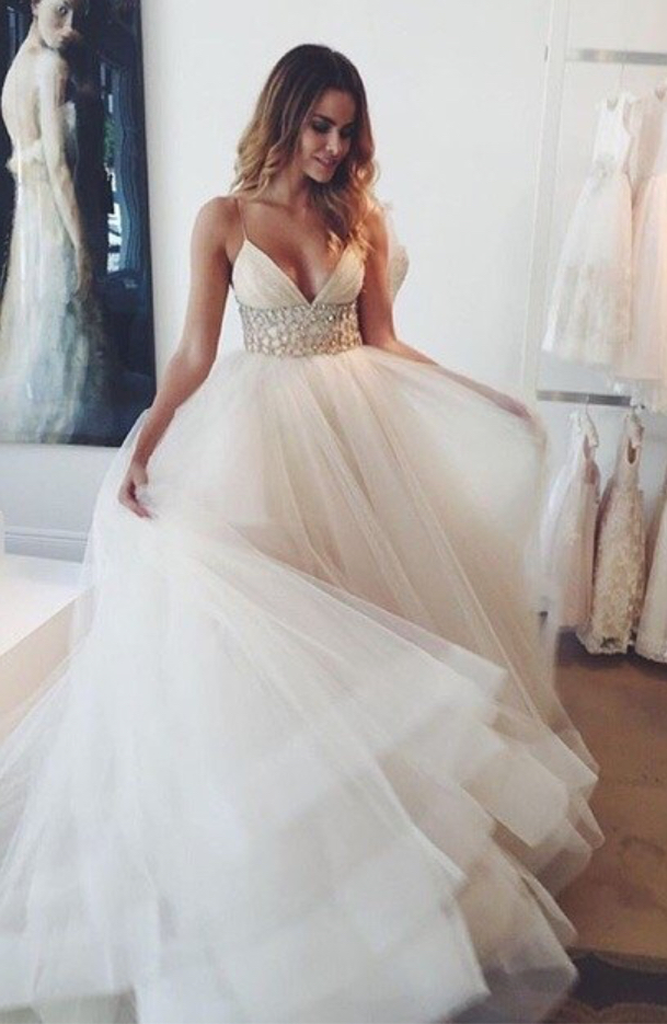 A-line Wedding Dresses Spaghettis Straps Beaded Waist Tiers Romantic Bridal Gowns
