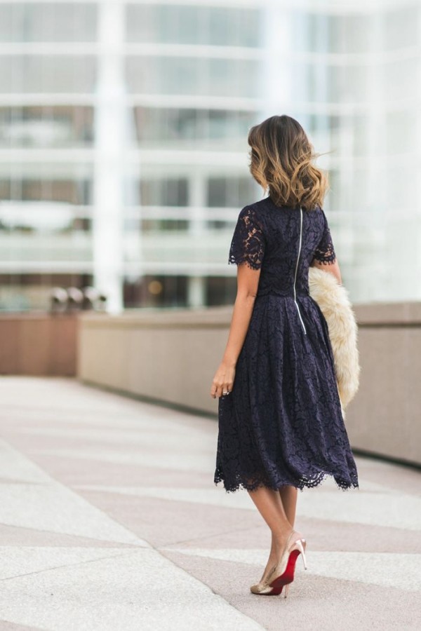 Jewel Short Sleeves Grace Midi Lace Dresses for Wedding Party and Other Event