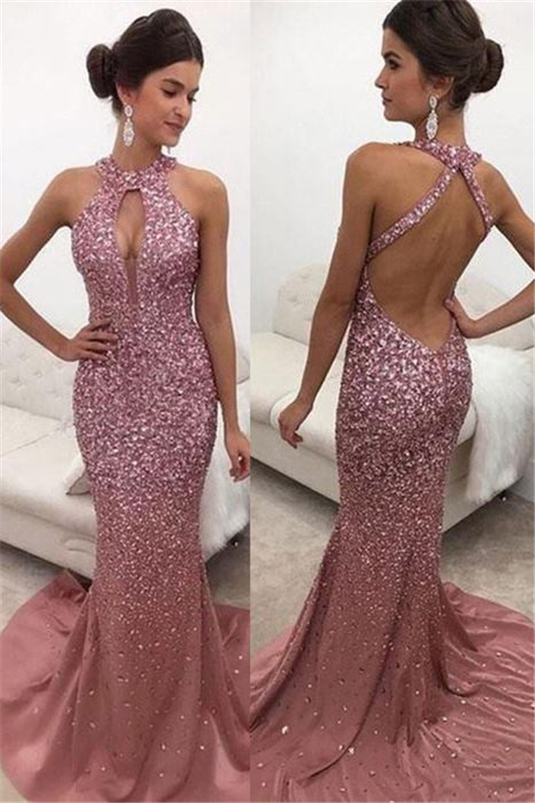 Halter Sleeveless Backless Sweep-train Sequins Mermaid Evening Dresses