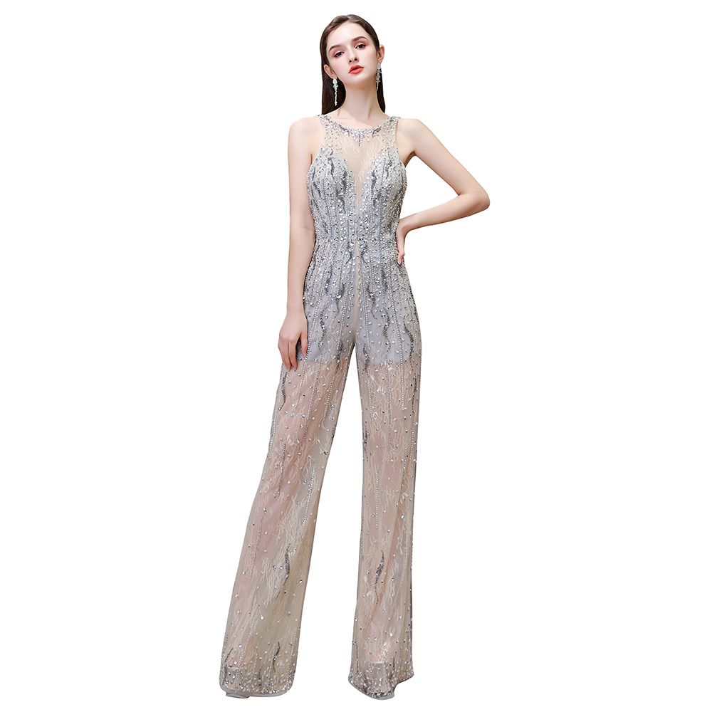 Women's Stylish Round Neck Sleeveless Open Back Beaded Sparkly Prom Jumpsuit