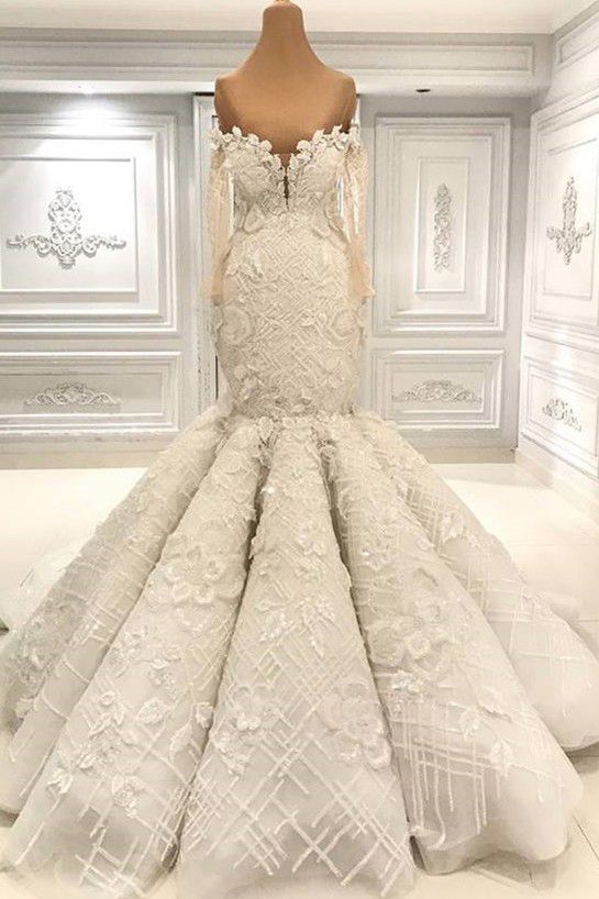 Off the Shoulder Lace Mermaid Wedding Dresses | Bridal Gowns with Sleeves