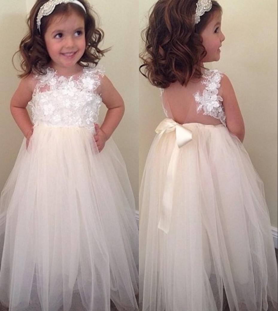 Cute A-line Bowknot Floral-Appliques Floor-Length Flower Girl Dresses