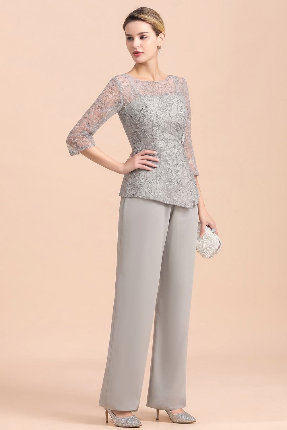 Gorgeous Grey Round Neck Half Sleeves Lace Mother of Bride Jumpsuits