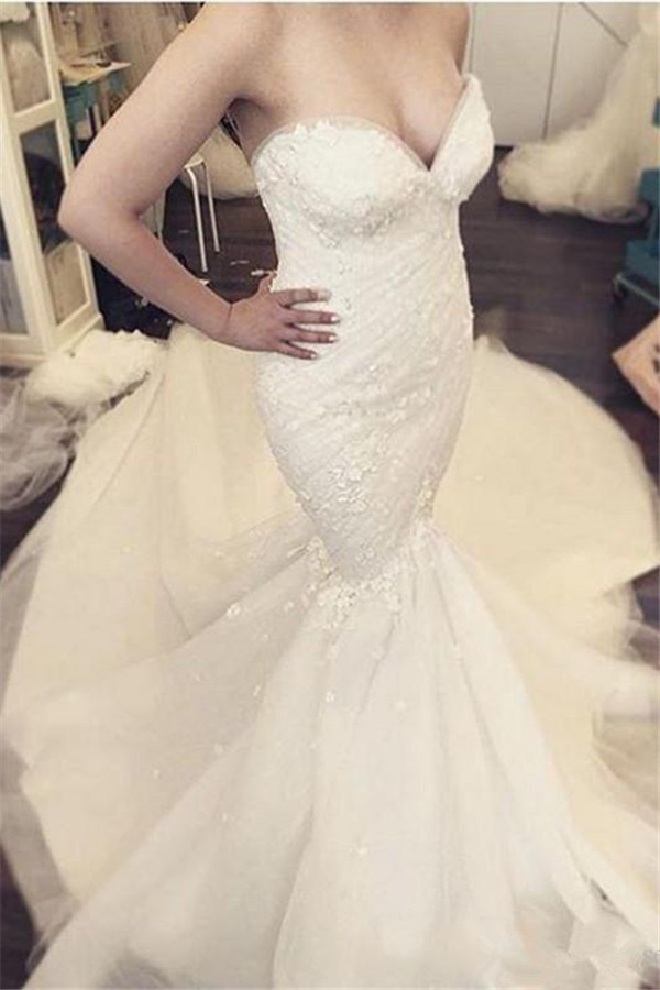 Sleeveless Open Back Strapless Mermaid Wedding Dresses with Detachable Train