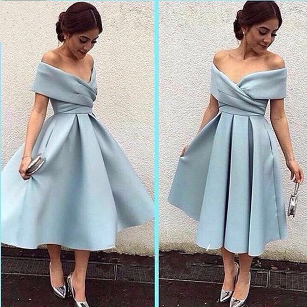 Baby Blue Satin Prom Dress Tea Length Off-the-shoulder Evening Dresses