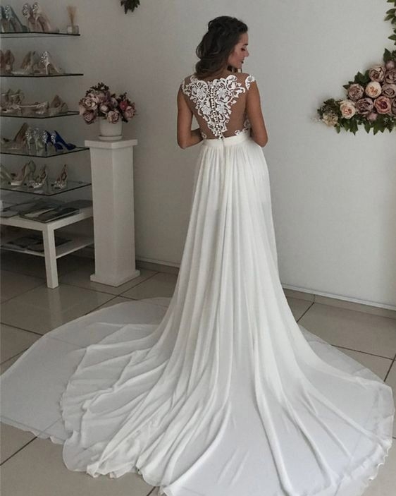 Elegant A-line Wedding Dresses | Lace Appliques Side Slit Bridal Gowns