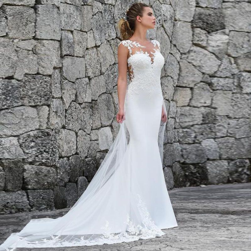 Elegant Straps Jewel Applique Crystal Fit And Flare Mermaid Wedding Dresses With Detachable Train