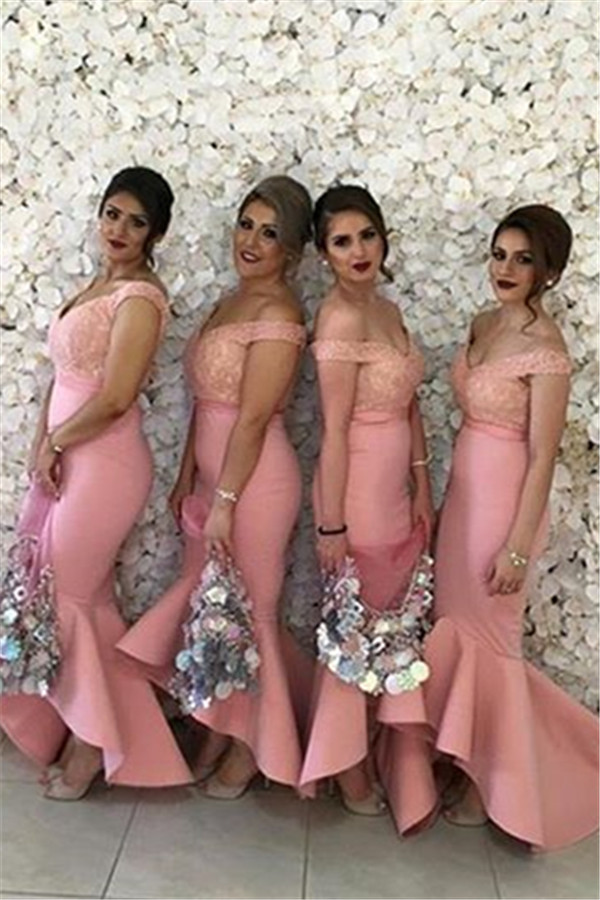 Sexy Mermaid Bridesmaid Dresses Off-the-Shouler Lace Hi-Lo Prom Dresses