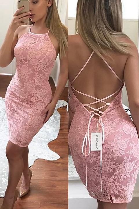 Sexy Halter Crisscross Straps Lace Short Mermaid Prom Dresses