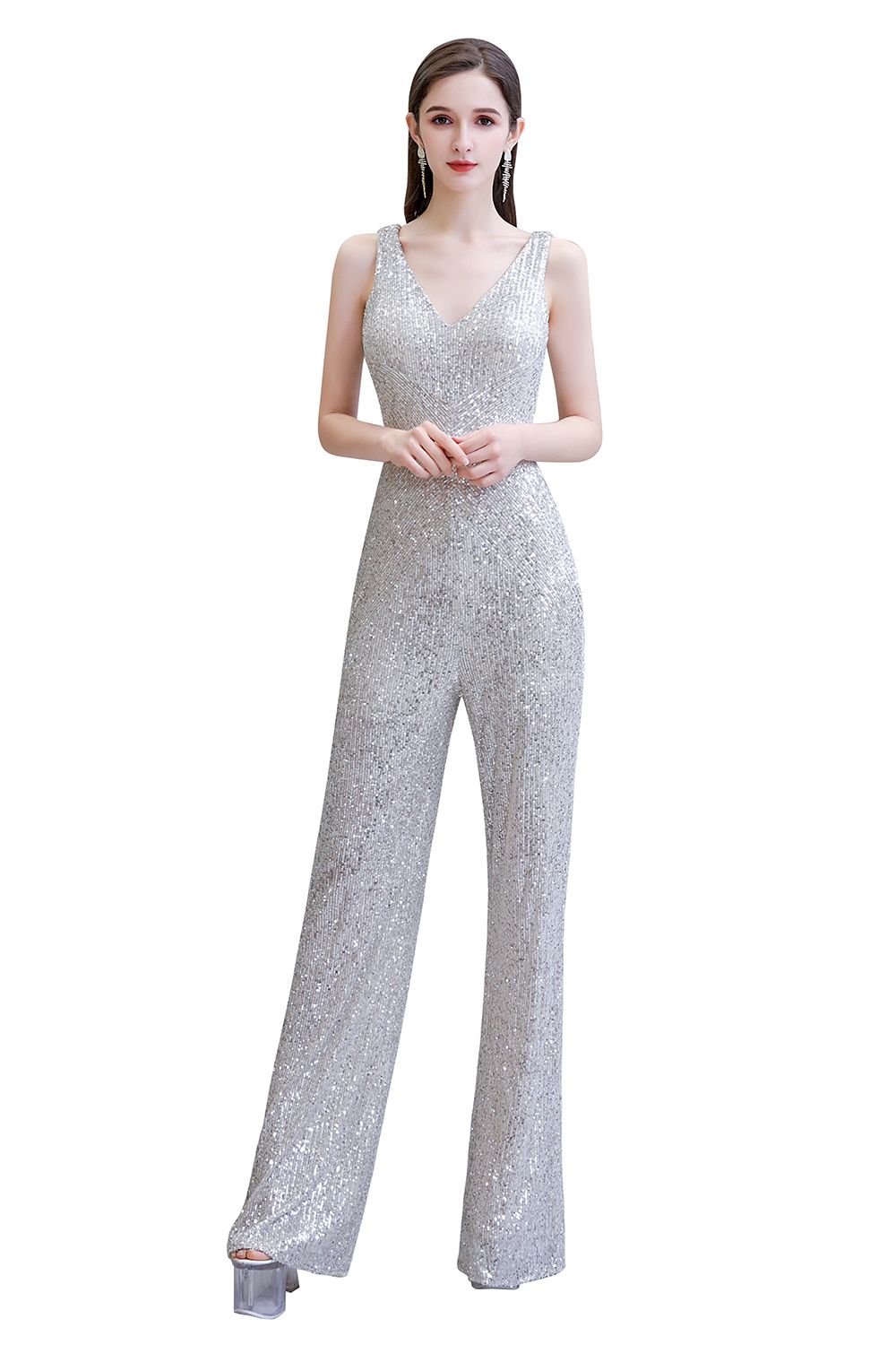 Women's Fashion V-neck Straps Sparkly Sequin Prom Jumpsuit