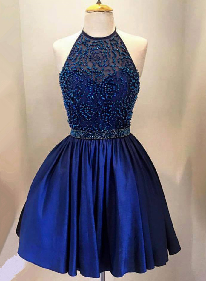 Royal Blue Short Homecoming Dresses Halter Neck Beaded Sweet 16 Party Dresses