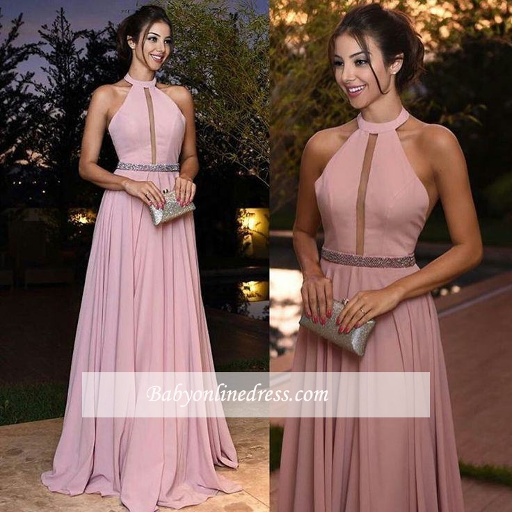 Sexy A-Line Chiffon Crystal Halter Pink Prom Dresses 2018