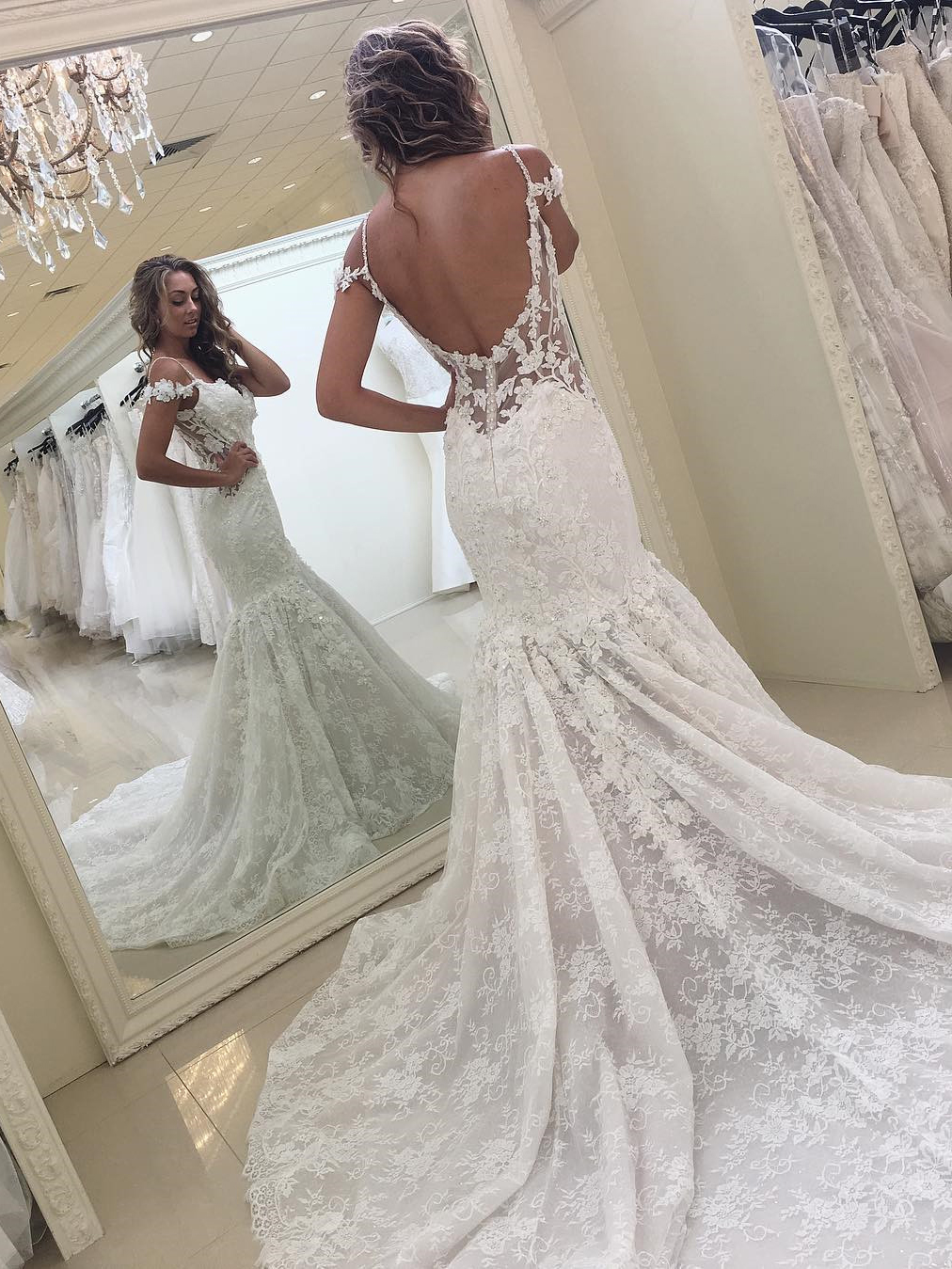 Off-the-shoulder Lace Fit and Flare Modern Wedding Dresses