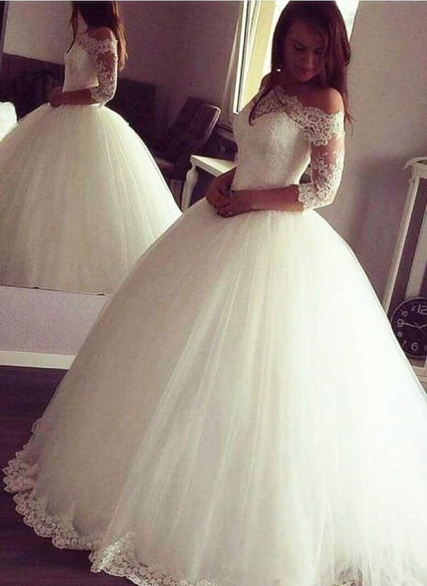 Vintage Ball Gown Wedding Dresses | Off-the-Shoulder Long Sleeves Bridal Gowns