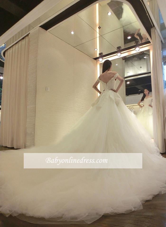 Newest Long Train Tulle Lace-Appliques Off-the-shoulder Beads Wedding Dress