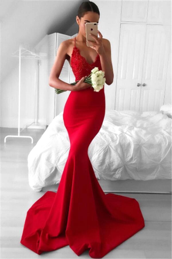Sexy Red Mermaid Evening Gowns | Spaghettis Straps V-Neck Prom Dresses