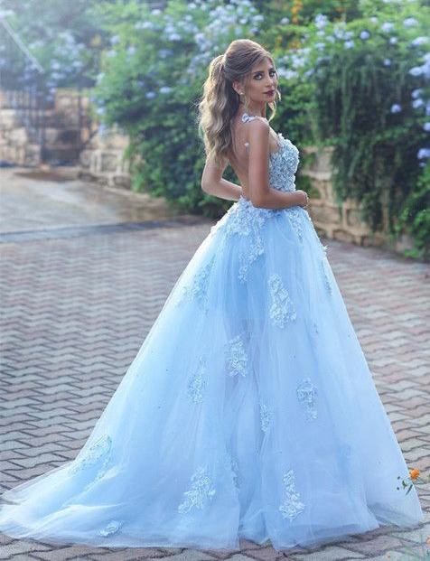 Gorgeous A Line Appliques Lace Tulle Prom Dresses 2018 with Flower