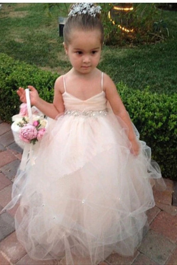 Spaghetti Straps Sleeveless Sequins Sash Ball Gown Tulle Lovely Flower Girl Dresses