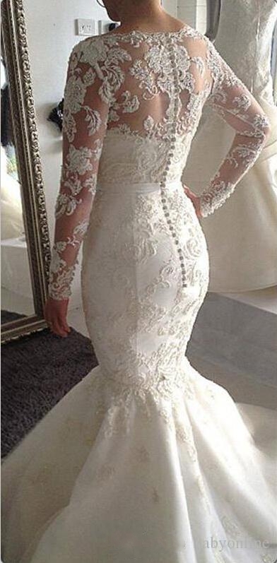 Elegant Lace Mermaid Wedding Dresses Long Sleeves Top Buttons Back Chapel Train Bridal Gowns