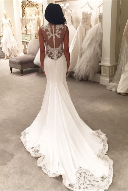 Lace Mermaid Wedding Dresses Sheer Back Buttons Lace Trim Elegant Bridal Gowns