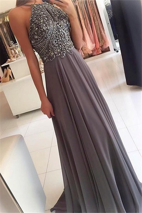 Chic Halter Applique Crystal Prom Dresses Sleeveless Cheap Sexy Evening Dresses with Beads