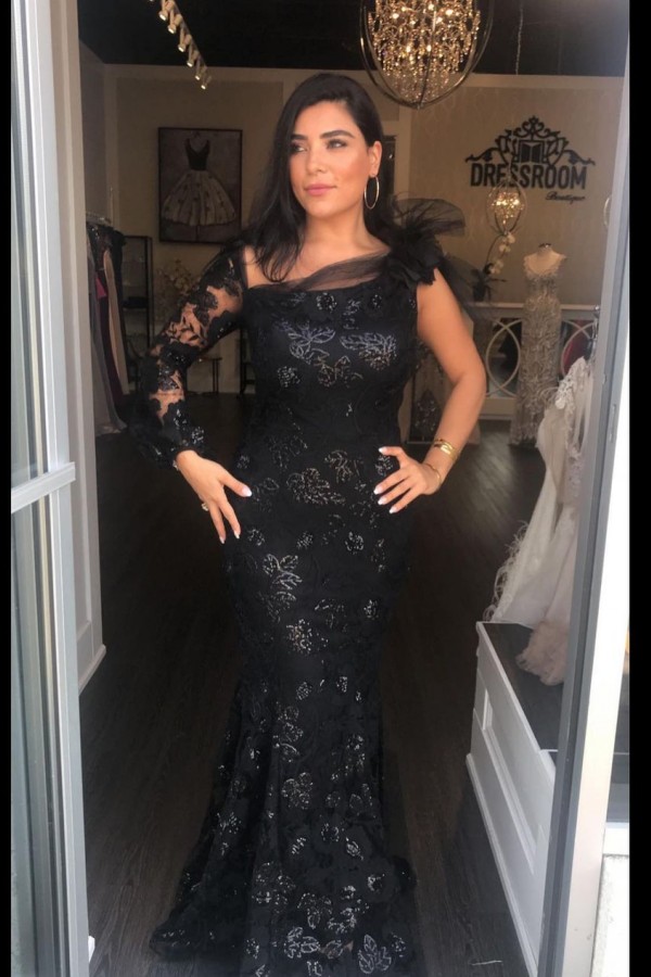 Black One Shoulder Long Sleeves Appliques Lace Tulle Mermaid Prom Dress