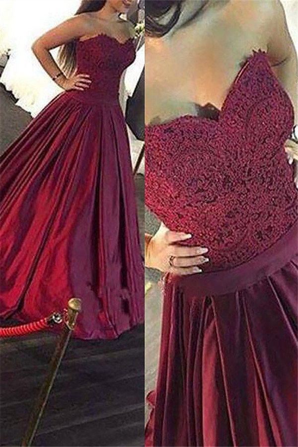 Burgundy Sweetheart Applique Prom Dresses Ruffles Sleeveless Sexy Evening Dresses Cheap